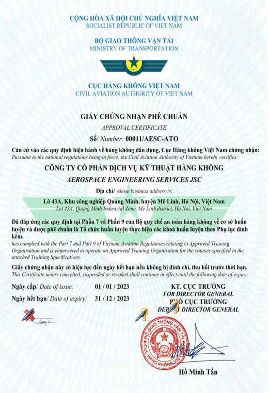 CAAV Training Organisation Approval Certificate